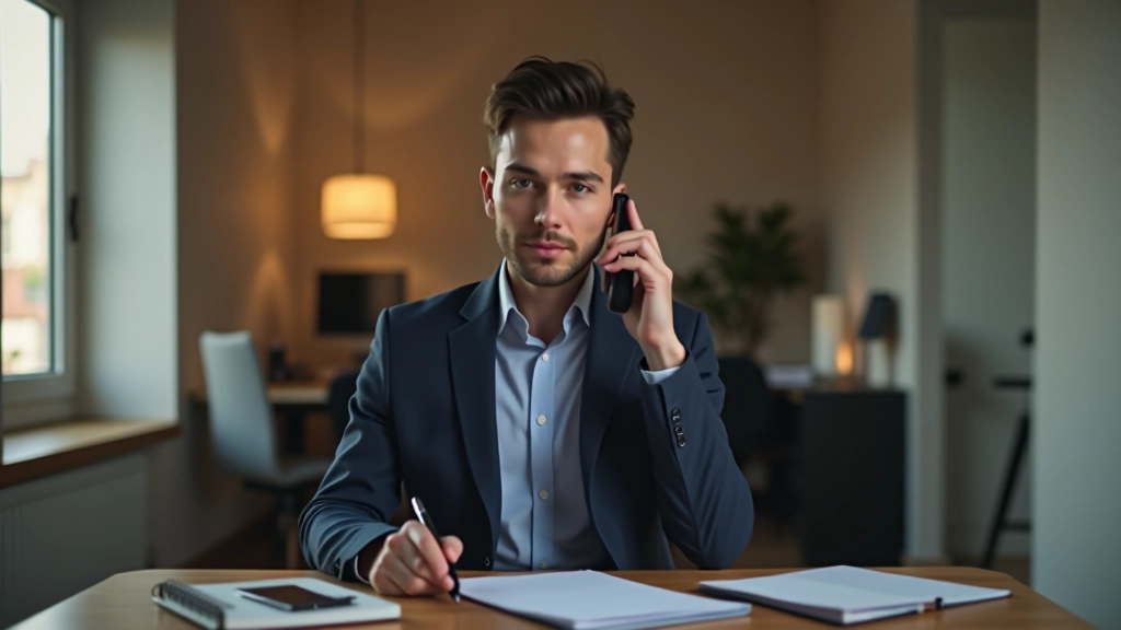 Real estate agent having professional phone conversation with notes on desk, modern home office with calendar and planning materials visible