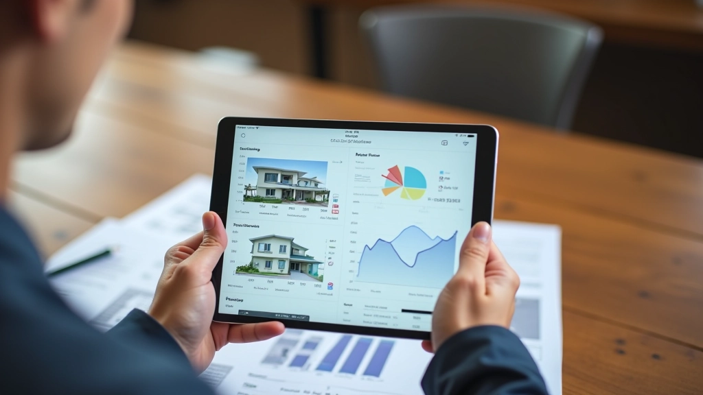 Real estate market data and property listings displayed on tablet with analysis tools